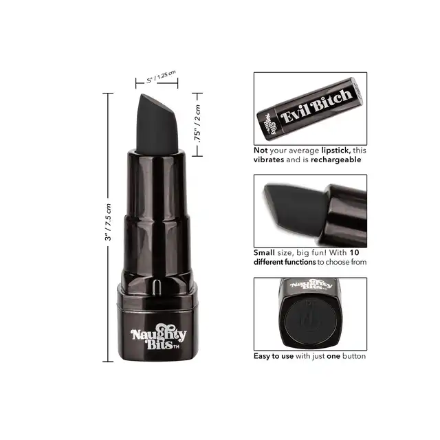 Calexotics - Naughty Bitch Lipstick Vibrator. Wibrator punktowy w formie dyskretnej, czarnej szminki. 10 potężnych funkcji wibracji ukryte w 10cm mini wibratorku. Idealny dla odważnych kobiet