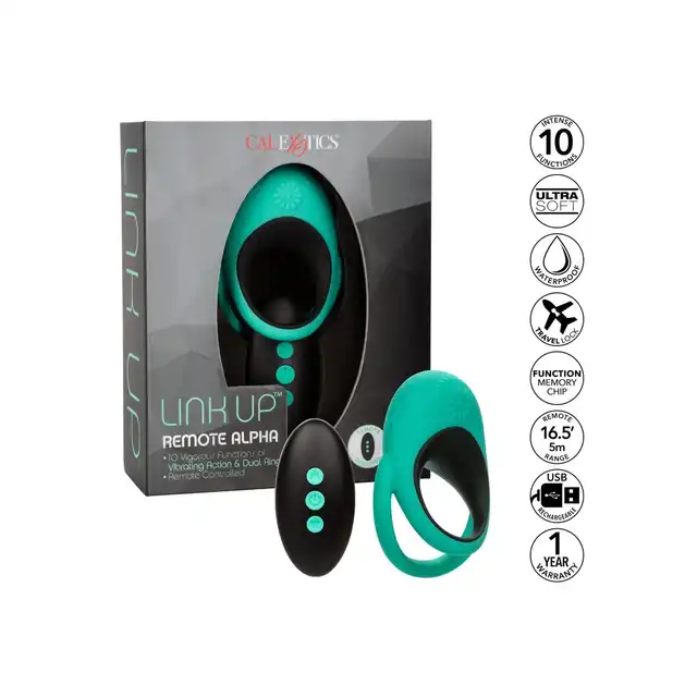 Calexotics - Link Up Remote Alpha Ring Green - podwójny ring na penisa i jądra. Zdalnie sterowany pilot
