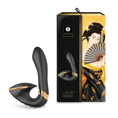 Shunga - SOYO - Intimate massager black - elegancki wibrator punktu G oraz stymulator łechtaczki i warg sromowych w jednym! 