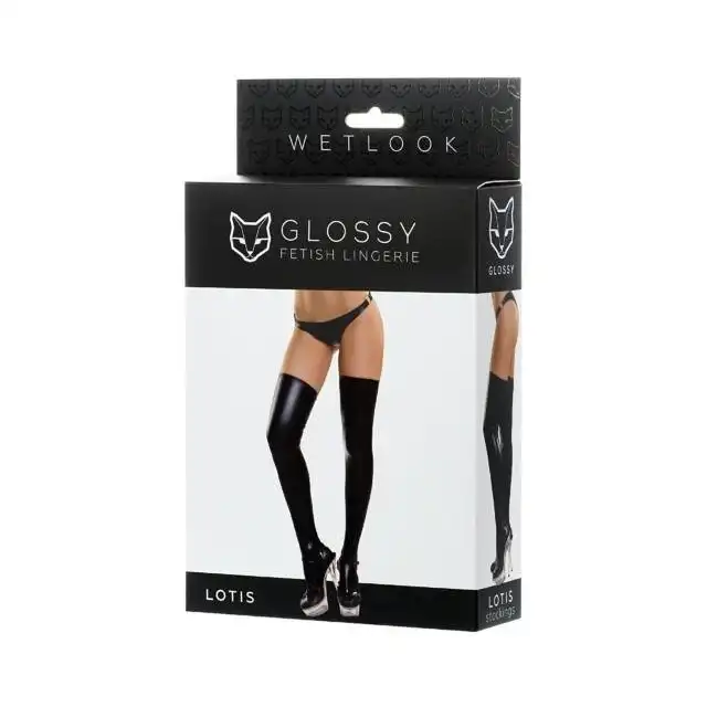 Glossy - Wetlook Lotis L. Połyskujące, czarne pończochy w stylu Wetlook. Idealne dopasowanie do ciała i podkreślenie nóg