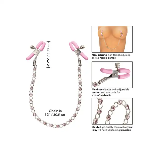 Calexotics - First Time Crystal Nipple Teasers. Ozdobne klamerki na sutki z regulowanymi zaciskami i srebrnym łańcuchem. Zdobione cukierkowo różowymi kryształkami