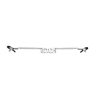 Oproducts - Nipple Clamps Bitch. Stalowe  regulowane klamerki na sutki z masywnym napisem Bitch i łańcuszkiem