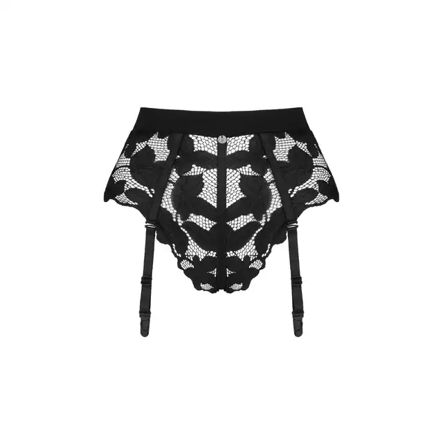Obsessive - Editya Panties Straps M/L. Koronkowe czarne figi damskie z paseczkami do pończoch. Zmysłowy wzór koronki idealnie podkreśla naturalną kobiecość. Ponadczasowy styl z nutą elegancji