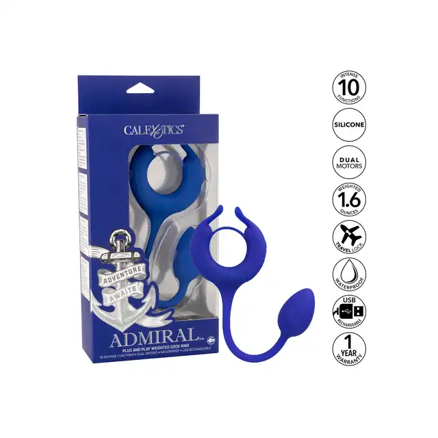 Admiral - Plug and Play Weighted Cock Ring. Super rozciągliwy silikonowy ring ze stymulatorem łechtaczki i unikatowym plugiem analnym. Doświadczcie potrójnej przyjemności orgazmicznej