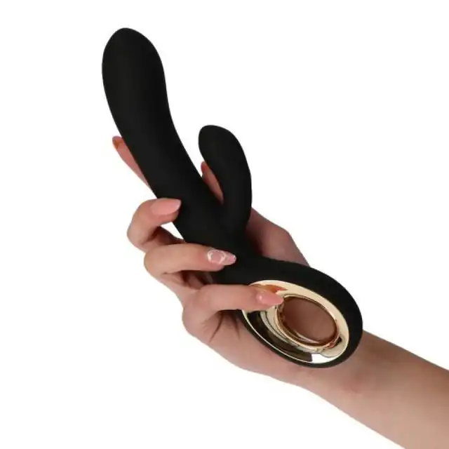 7Candy - Rabbit Twin Touch Black. Elegancki czarno-złoty wibrator z króliczkiem z silikonu medycznego