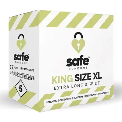 Safe Condoms - King Size XL Extra Long &amp; Wide. Prezerwatywy powiększane. 20,5 cm długości nominalnej, 6 cm średnicy