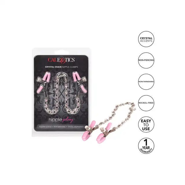 Calexotics - Crystal Chain Nipple Clamps. Ozdobne klamerki na sutki. Z dwoma w pełni regulowanym zaciskom na sutki, drażniącemu łańcuszkowi i błyszczącym kryształom