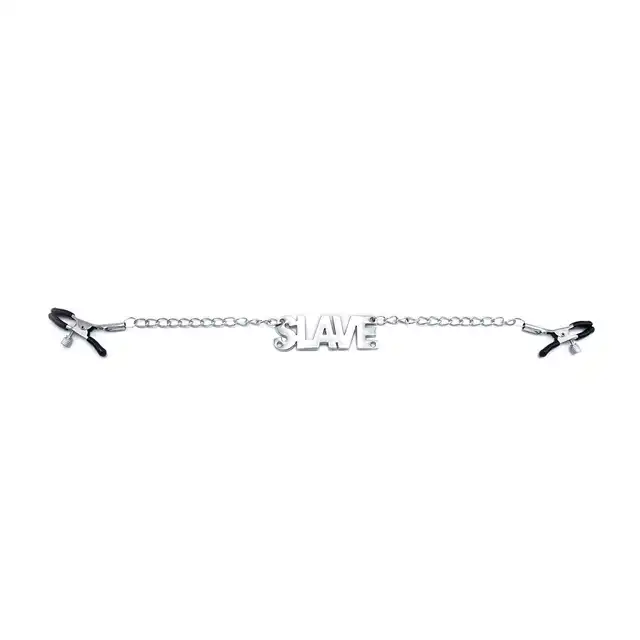 Oproducts - Nipple Clamps Slave. Klamerki na sutki z łańcuszkiem i stalowym napisem `Slave`