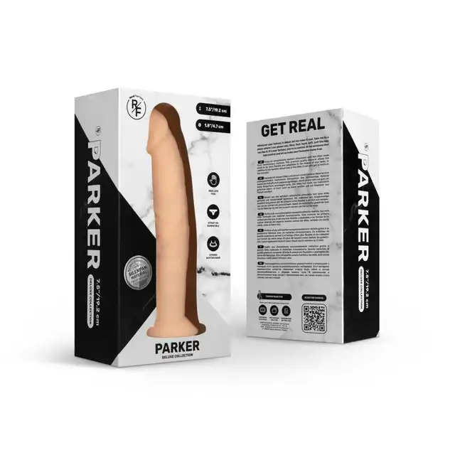 Real Fantasy - Parker Realistic. Dildo bez jąder z realistycznymi teksturami. Wysokiej jakości materiał silexpan. 19 cm długości, 4,7 cm średnicy