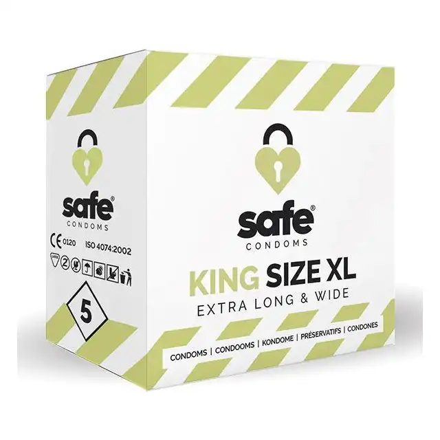 Safe Condoms - King Size XL Extra Long &amp; Wide. Prezerwatywy powiększane. 20,5 cm długości nominalnej, 6 cm średnicy