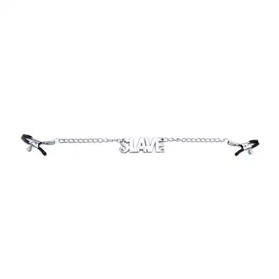 Oproducts - Nipple Clamps Slave. Klamerki na sutki z łańcuszkiem i stalowym napisem `Slave`