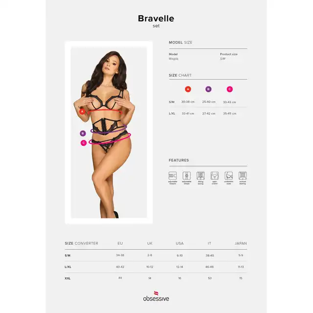 Obsessive - Bravelle L/XL - 3-częściowy komplet otwartej bielizny. Wyjątkowo odważny 