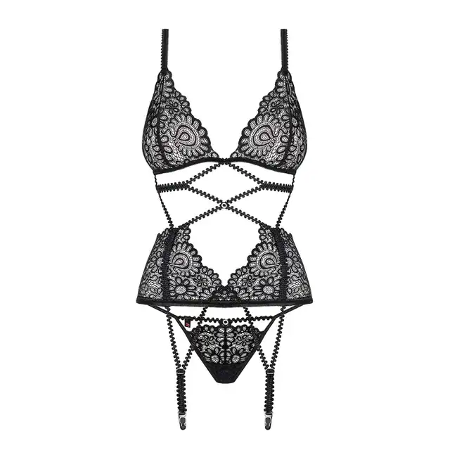 Obsessive - Mixty L/XL - kuszący zestaw czarnej bielizny - koronkowy gorset i stringi. Z zapięciem do pończoch