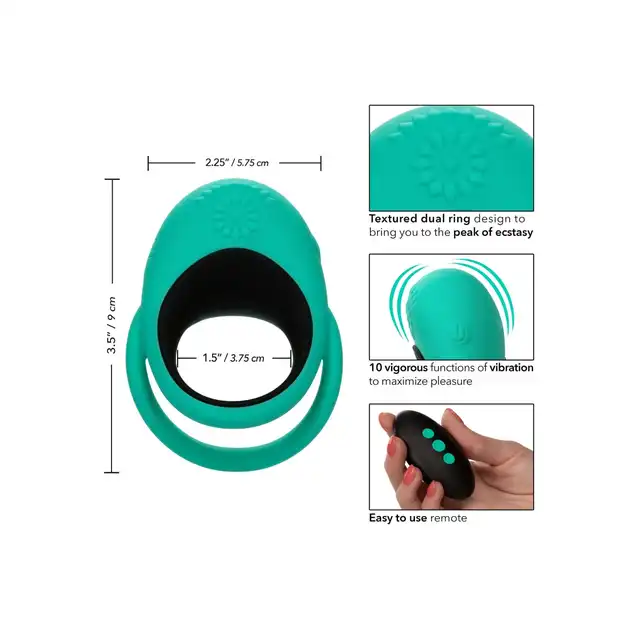 Calexotics - Link Up Remote Alpha Ring Green - podwójny ring na penisa i jądra. Zdalnie sterowany pilot