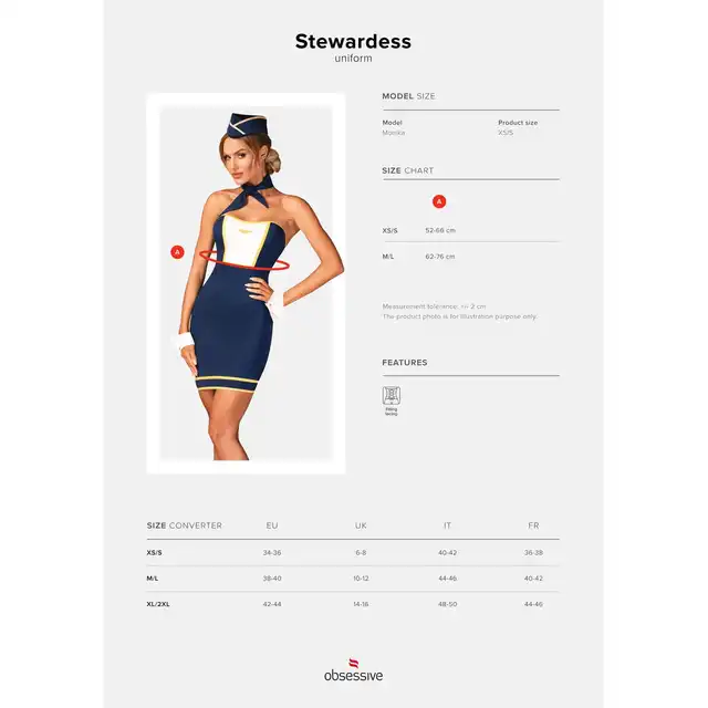 Obsessive - Stewardess XS/S unioform - odkryj seksowny kostium stewardesy. Zapewni odlotowe doznania!  