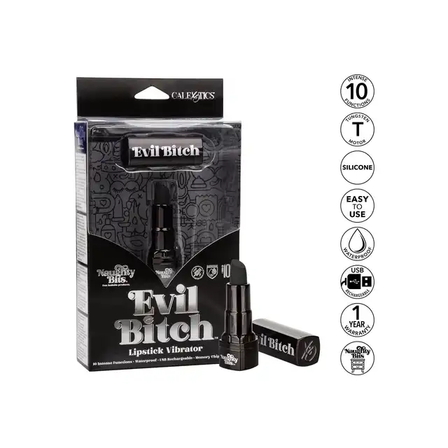 Calexotics - Naughty Bitch Lipstick Vibrator. Wibrator punktowy w formie dyskretnej, czarnej szminki. 10 potężnych funkcji wibracji ukryte w 10cm mini wibratorku. Idealny dla odważnych kobiet