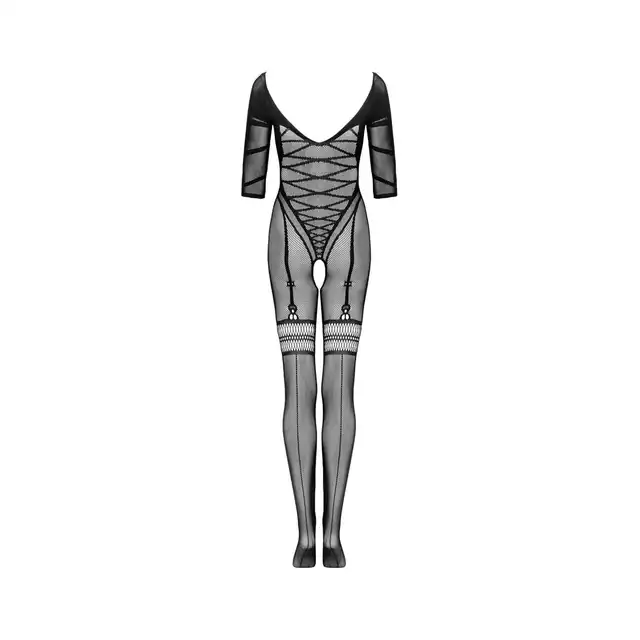 Obsessive - G329 XL/XXL. Czarny bodystocking z imitacją wiązania gorsetowego 