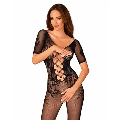 Obsessive - F238 S/M/L. Subtelnie kobiecy czarny bodystocking z motywem kwiatowym i wiązaniem gorsetowym