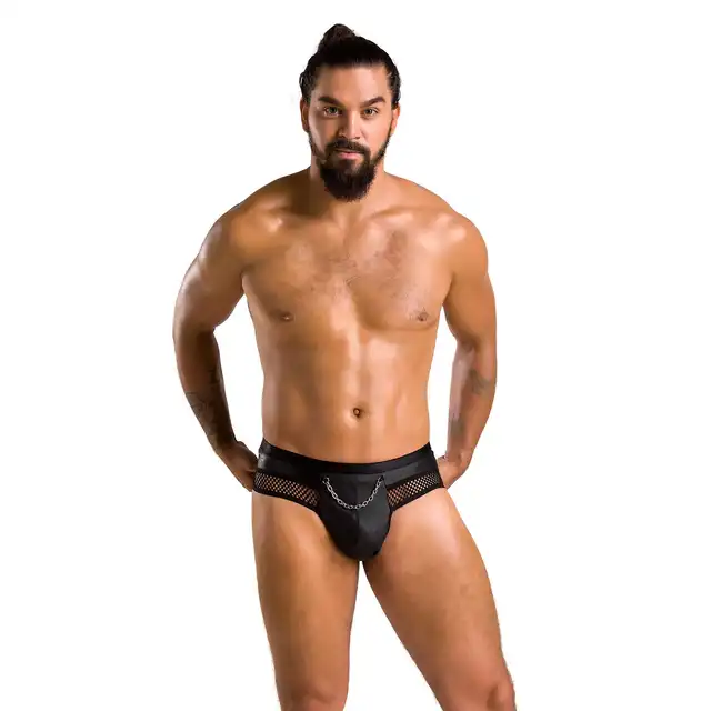 Passion - 030 Slip Open Tom L/XL - męskie slipy z otwartym tyłem, jock strap. Ze srebrnym łańcuchem 