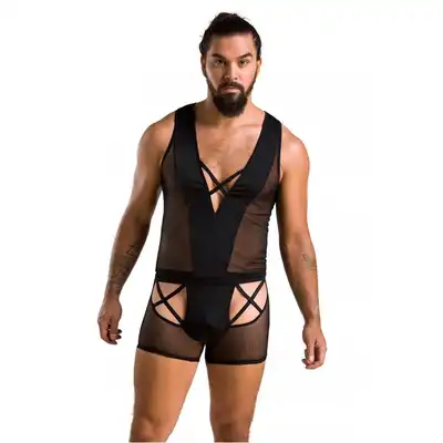 Passion - 054 Set Oscar L/XL - seksowny zestaw z siateczki podkreślający figurę. Odważne wycięcia 