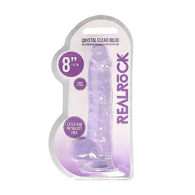 RealRock - Crystal Clear With Balls Purple. Realistyczne dildo z jądrami, przezroczysty materiał o fioletowym zabarwieniu