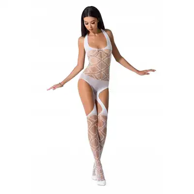 Passion - BS060 White - kuszący, biały bodystocking podkreślający ciało. Geometryczne wzory