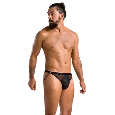 Passion - 034 Slip Open Luke L/XL - czarne, kuszące otwarte majtki męskie. Jock strap