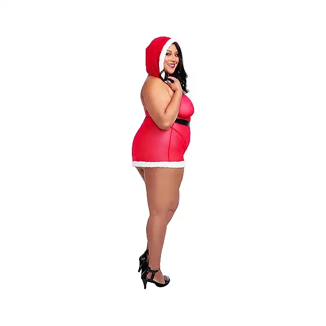 Dreamgirl - Santa Cutie Halter Bralette &amp; Mini Skirt Queen Size. Seksowna sukienka Mikołajki z głębokim dekoltem i kapturem 
