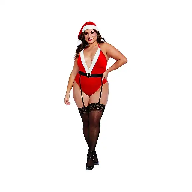 Dreamgirl - North Pole Hottie Teddy Queen Size. Seksowny strój śnieżynki. Aksamitne body z głębokim dekoltem, pas z paskami do pończoch i uniwersalna czapka Mikołaja