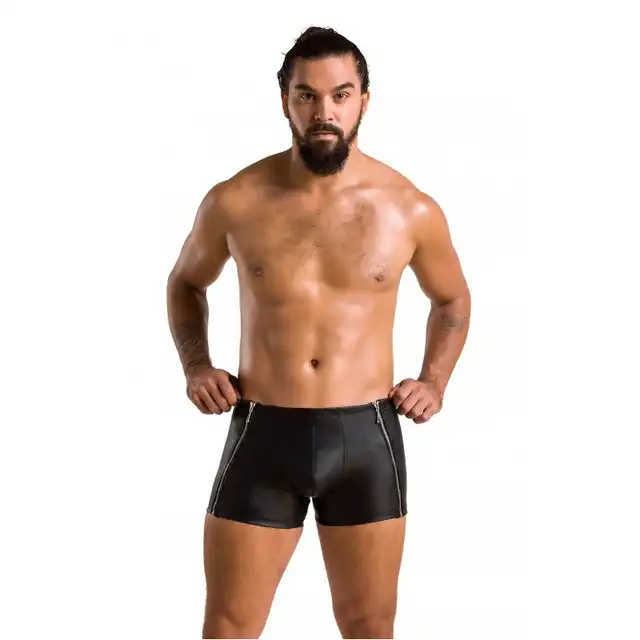Passion - 049 Short Matt L/XL - czarne męskie bokserki z zamkami. Imitacja skóry 