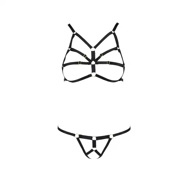 Passion - Armanda Set L/XL. Odważny komplet otwartej bielizny erotycznej harness. Biustonosz i stringi z pasków z możliwością całkowitego regulowania rozmiaru