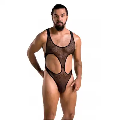 Passion - 040 Body Leon L/XL - odważne body z siateczki z paseczkami. Ponętnie odkryte ciało