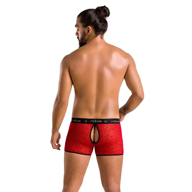 Passion - 046 Short Parker Red L/XL - czerwone bokserki męskie we wzór. Zmysłowa dziurka z tyłu 