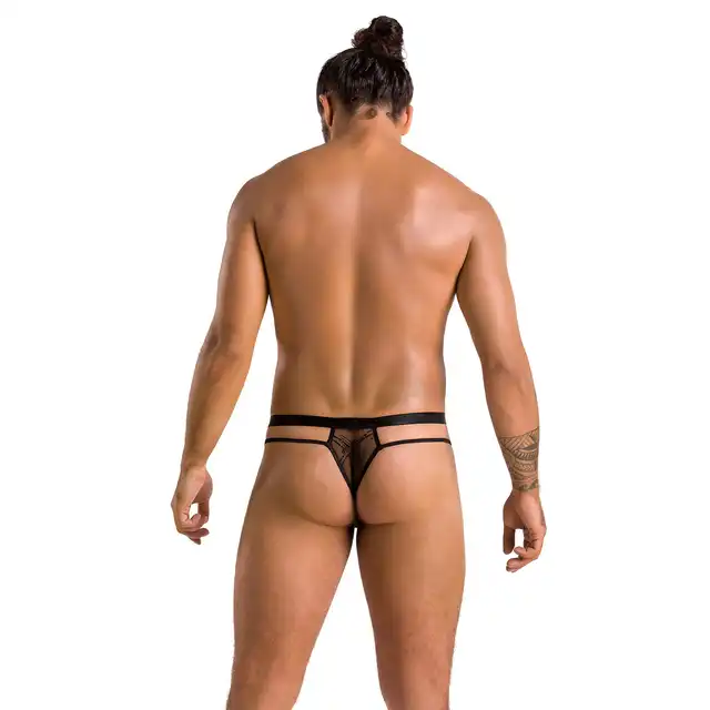 Passion - 029 Collin Thong L/XL. Koronkowe stringi męskie, zdobione geometrycznym wzorem i dodatkowymi paseczkami