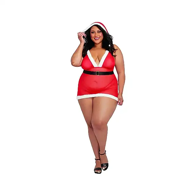 Dreamgirl - Santa Cutie Halter Bralette &amp; Mini Skirt Queen Size. Seksowna sukienka Mikołajki z głębokim dekoltem i kapturem 