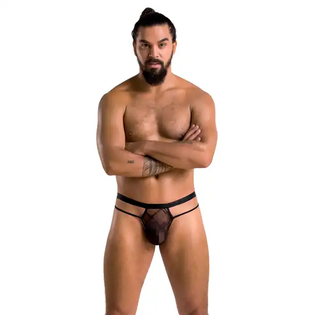 Passion - 029 Collin Thong L/XL. Koronkowe stringi męskie, zdobione geometrycznym wzorem i dodatkowymi paseczkami
