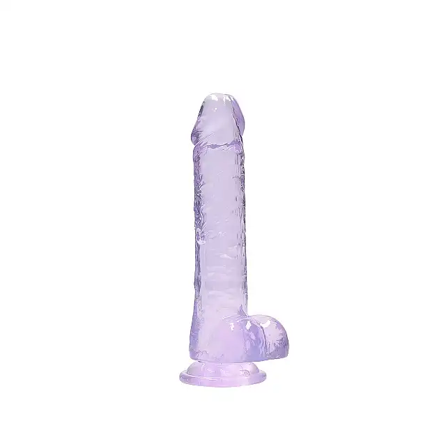 RealRock - Crystal Clear With Balls Purple. Realistyczne dildo z jądrami, przezroczysty materiał o fioletowym zabarwieniu