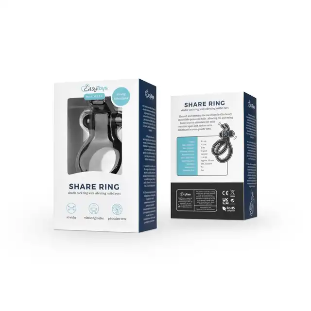 Easy Toys - Share Double Ring Rabbit. Podwójny silikonowy wibrujący pierścień na penisa z uroczymi uszami króliczka 