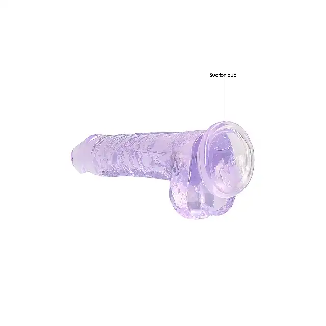RealRock - Crystal Clear With Balls Purple. Realistyczne dildo z jądrami, przezroczysty materiał o fioletowym zabarwieniu