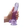 RealRock - Crystal Clear With Balls Purple. Realistyczne dildo z jądrami, przezroczysty materiał o fioletowym zabarwieniu