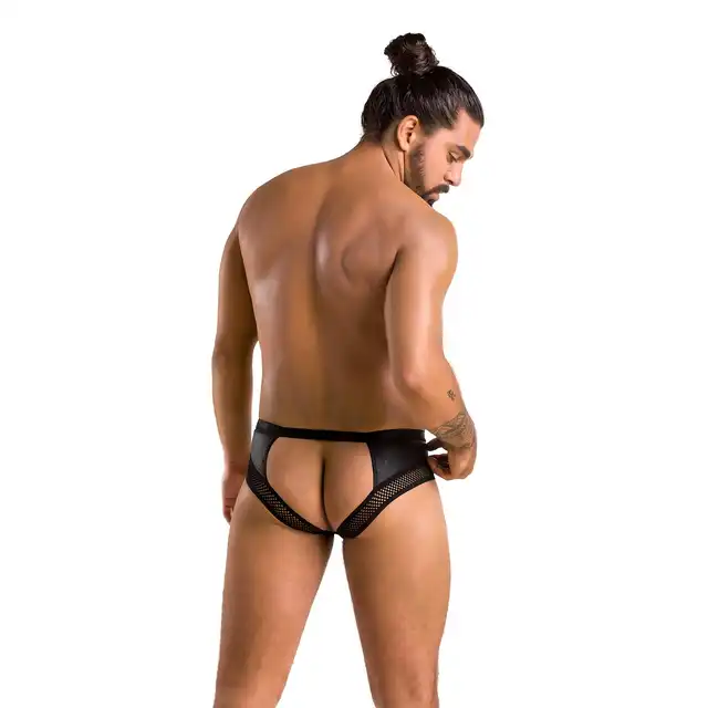 Passion - 030 Slip Open Tom L/XL - męskie slipy z otwartym tyłem, jock strap. Ze srebrnym łańcuchem 