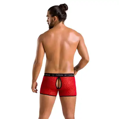 Passion - 046 Short Parker Red L/XL - czerwone bokserki męskie we wzór. Zmysłowa dziurka z tyłu 