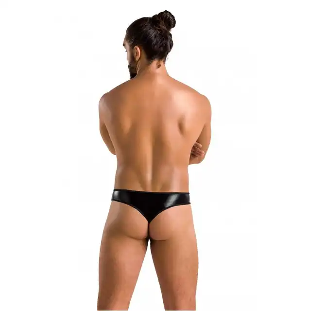 Passion - 033 Thong Paul L/XL - czarne, błyszczące stringi męskie z wycięciami