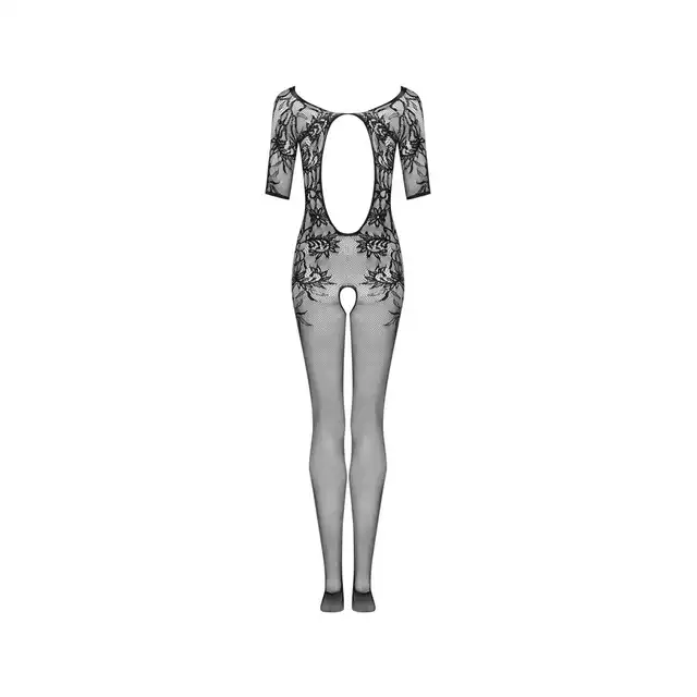 Obsessive - F238 S/M/L. Subtelnie kobiecy czarny bodystocking z motywem kwiatowym i wiązaniem gorsetowym