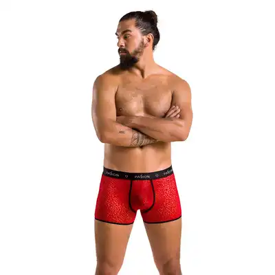 Passion - 046 Short Parker Red L/XL - czerwone bokserki męskie we wzór. Zmysłowa dziurka z tyłu 