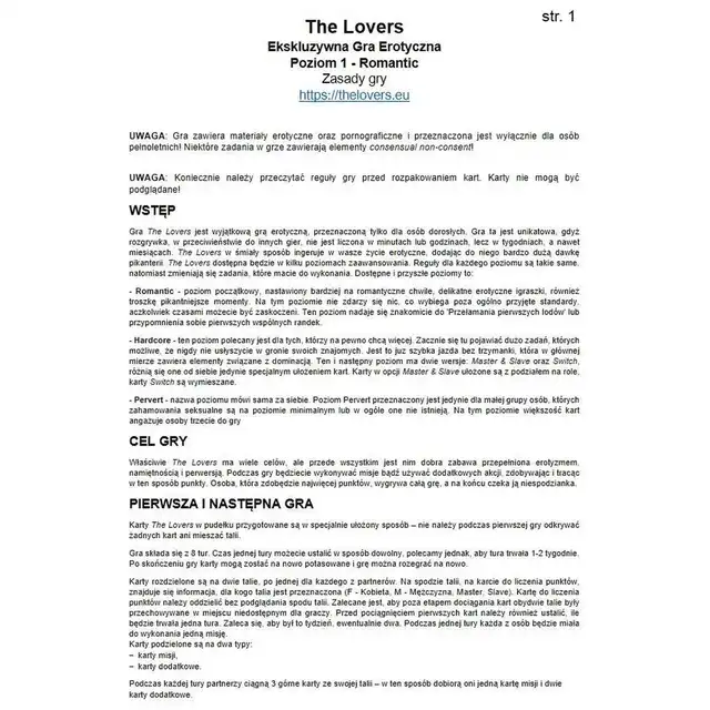 The Lovers - Level 1 - Romantic. Unikatowa gra erotyczna z kartami misji i dodatkowymi zadaniami. Tygodnie intrygującej, pełnej napięcia rozgrywki. 