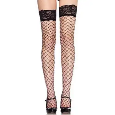 Leg Avenue - Net Stocking With Lace O/S. Szalenie seksowne pończochy kabaretkowe z koronką 