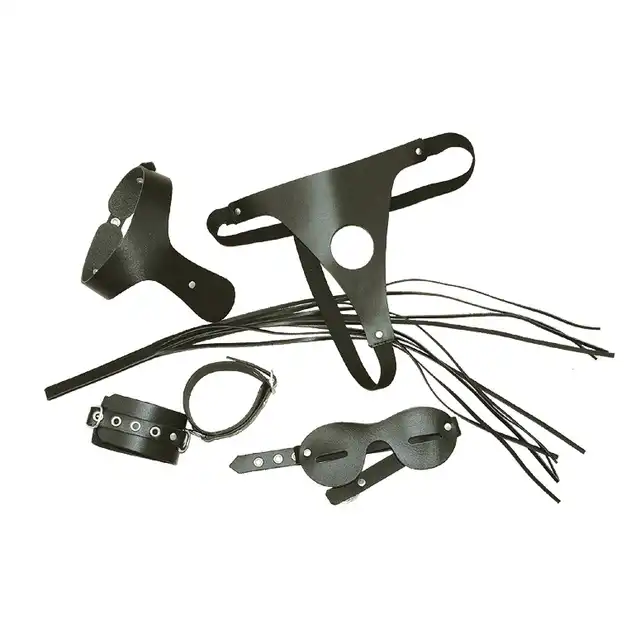 Leder - Super skórzany zestaw BDSM! Kajdanki, obroża, pejcz, maska, majtki