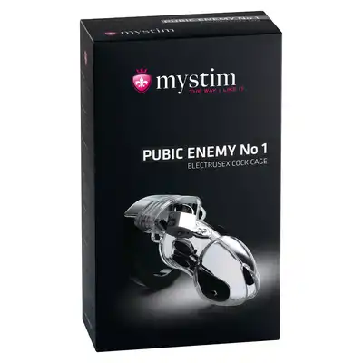 MyStim - Public Enemy No 1. Zgrabna, przezroczysta klatka na penisa z funkcją elektrostymulacji. Męski pas cnoty z e-stymulacją, kłódka i zestaw kluczy w zestawie!