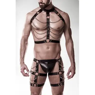 Grey Velvet -Ketten Set String S/M. Odważnie seksowny męski komplet w stylu harness z łańcuchami